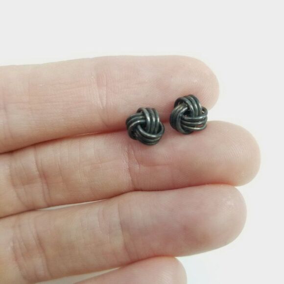 Vintage Sterling Silver Knot Stud Earrings, Tarnished, Classic Unisex Design - Picture 6 of 7